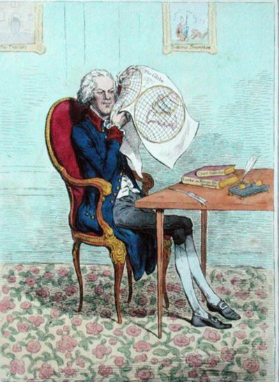 En ivrig politiker som finner ut de britiske erobringene, utgitt av Hannah Humphrey i 1795 (håndfarget etsning) av James Gillray