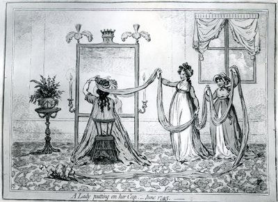 En dame som tar på seg hatten, 1795 av James Gillray