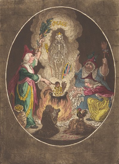 A Phantasmagoria, – Scene-Conjuring-Up an Armed-Skeleton, 5. januar 1803., 5. januar 1803. av James Gillray