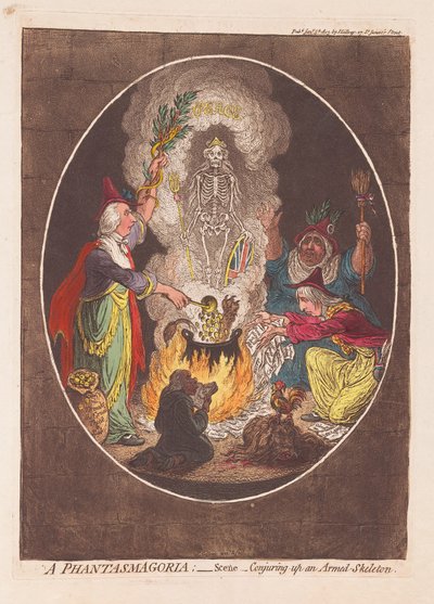 A Phantasmagoria: Scene - Conjuring up an Armed Skeleton, pub. 1803 (håndfarget gravering) av James Gillray