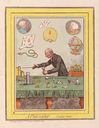A Philosopher: Conduit Street, pub. 1796 (håndfarget gravering) av James Gillray