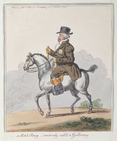 A Scotch Poney, ofte kalt en Galloway, utgitt av Hannah Humphrey i 1803 (håndfarget etsning) av James Gillray