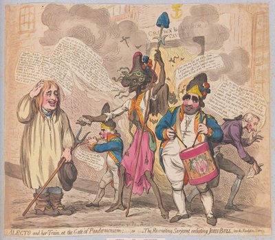 Alecto og hennes Train at the Gate of Pandemonium eller The Recruiting Sergeant som verver John Bull til Revolution Service, pub. (håndfarget gravering) av James Gillray