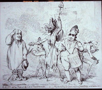 Alecto and her Train at the Gate of Pandemonium, eller The Recruiting Serjeant som verver John Bull til Revolution Service, utgitt av S.W. Fores i 1791 (radering) av James Gillray