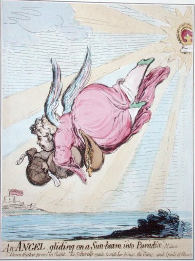 En engel som glir på en solstråle inn i paradis (håndfarget etsning) av James Gillray