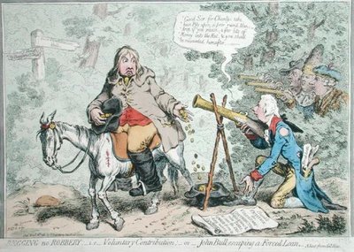 Begging no Robbery: dvs. frivillig bidrag, eller John Bull som slipper unna et tvungen lån, utgitt av Hannah Humphrey i 1796 (håndfarget etsning) av James Gillray