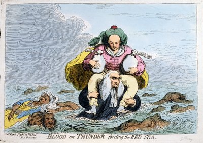 Blod på torden som krysser Rødehavet, utgitt av SW Fores i 1788 (håndkolorert etsning) av James Gillray