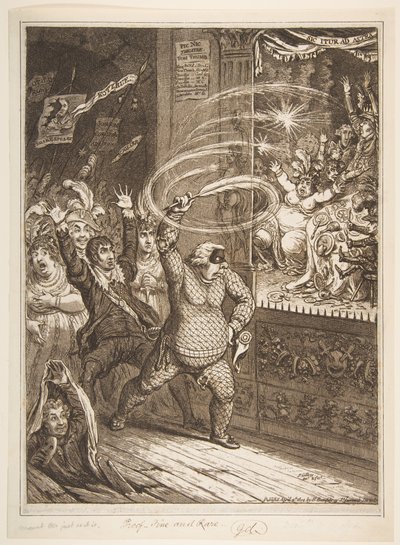 Sprengning av Pic-Nic's,-eller-Harlequin Quijote Attacking the Puppets, vide Totten..., 2. april 1802. av James Gillray