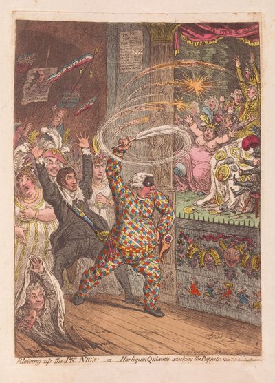 Å sprenge Pic Nics eller Harlequin Quixotte som angriper Puppets, pub. 1804 (håndfarget gravering) av James Gillray