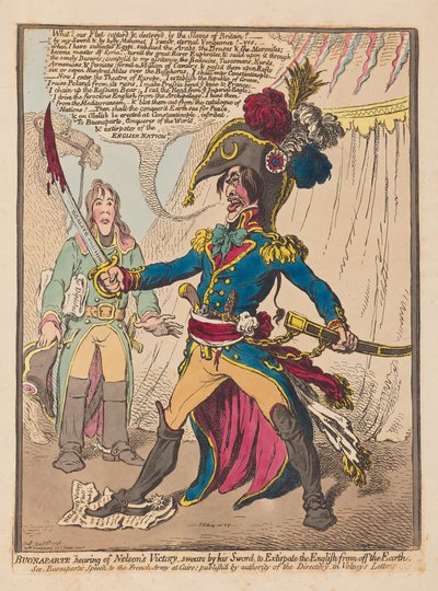 Bonaparte hører om Nelsons Victory sverger ved sitt sverd for å utrydde engelskmennene fra jorden, pub. 1798 (håndfarget gravering) av James Gillray