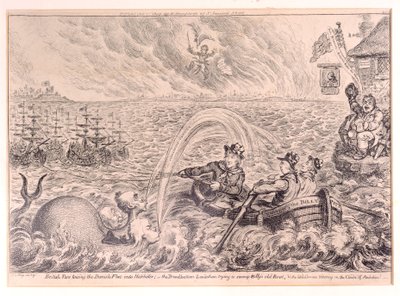 Britiske tjærer som sleper den danske flåten inn i havnen, 1807 av James Gillray