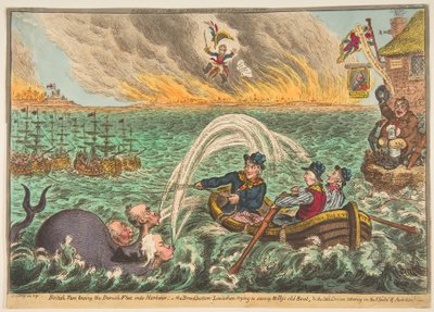 Britiske tjærer som sleper den danske flåten inn i havnen, den bredbunnede Leviathan t..., 1. oktober 1807. av James Gillray