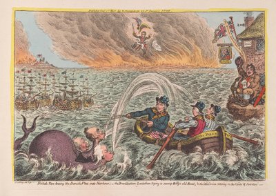 Britiske tjærer som sleper den danske flåten inn i havnen: Leviathan med bred bunn som prøver å oversvømme Billys gamle båt, og den lille korsikaneren som vakler på ambisjonsskyene, pub. 1807 (håndfarget engra av James Gillray