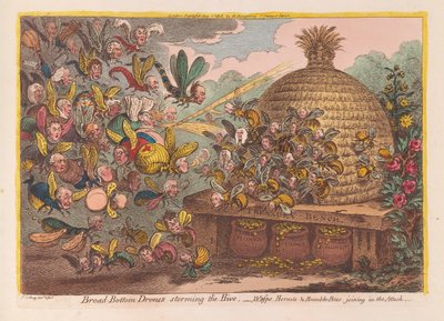 Droner med bred bunn som stormer bikuben: Veps, hornets og humler blir med i angrepet, pub. 1808 (håndfarget gravering) av James Gillray