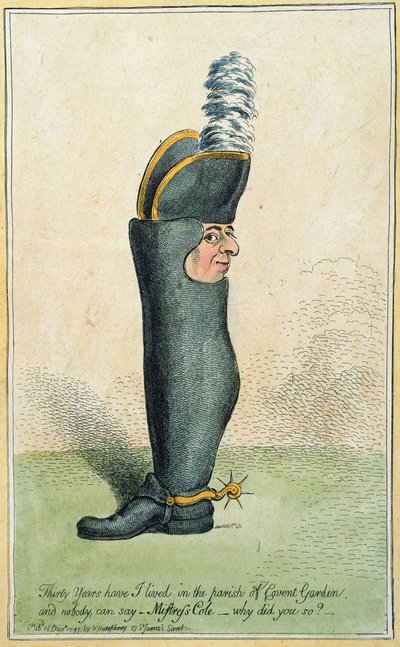 Tegneserie som viser oberst Justly Watson med kroppen til en støvel, utgitt av Hannah Humphrey i 1797 (håndfarget etsning) av James Gillray