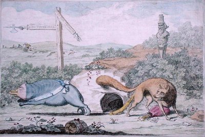 Changing Places, or Fox som stinker grevlingen ut av redet sitt, utgitt av William Humphrey i 1782 (håndfarget etsning) av James Gillray