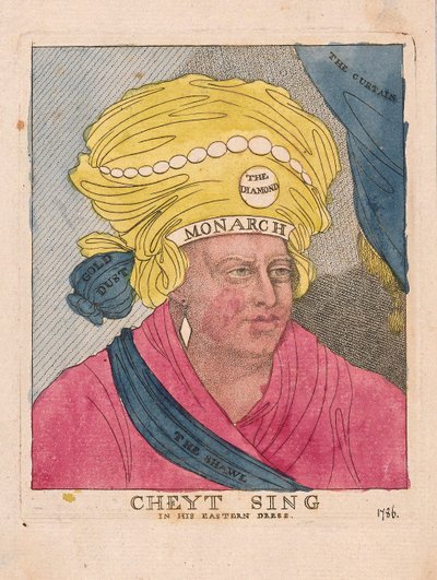 Cheyt Sing in his Eastern Dress, pub. 1786 (håndfarget gravering) av James Gillray