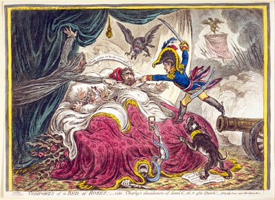 Comforts of a Bed of Roses: pub. Hannah Humphrey, 21. april, 1806 (håndfarget gravering) av James Gillray