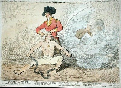 Cooling the Brain, eller The Little Mayor Shaving the Shaver, utgitt av J. Aitken i 1789 (håndfarget etsning) av James Gillray
