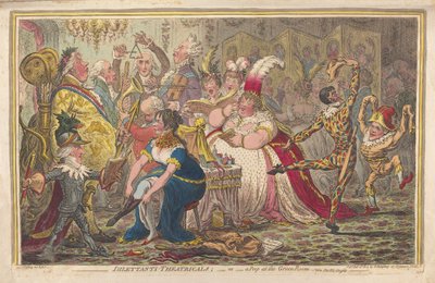 Dilettanti Theatricals eller et kikk på det grønne rommet, se. Pic-Nic-Orgies, pub. 1803 (håndfarget gravering) av James Gillray
