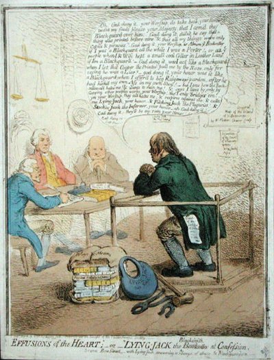 Effusions of the Heart, or Lying Jack the Blacksmith at Confession, utgitt av Hannah Humphrey i 1795 for Philanthropic Society (håndfarget etsning) av James Gillray