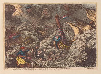End of the Irish Invasion eller The Destruction of the French Armada, pub. 1797 (håndfarget gravering) av James Gillray