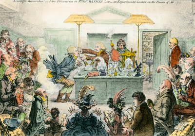 Engelsk satire på vitenskap: nye funn i pneumatiske materialer. Satirisk tegning på entusiasmen for vitenskapelige konferanser på 1800-tallet. Gravering av James Gillray (1757-1815) av James Gillray