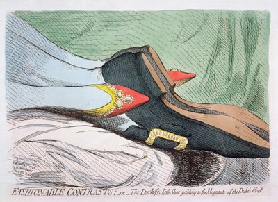 Fasjonable kontraster, eller hertuginnens lille sko som gir etter for størrelsen på hertugens fot, utgitt av Hannah Humphrey i 1792 (radering med wc) av James Gillray