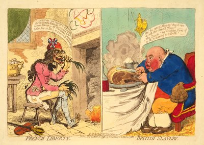 Fransk frihet - britisk slaveri, utgitt 1892 (håndkolorert gravering) av James Gillray