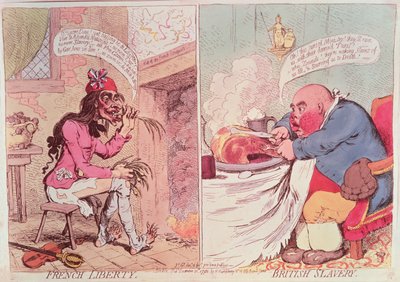 Fransk frihet: Britisk slaveri, ca. 1789, satirisk tegneserie av James Gillray