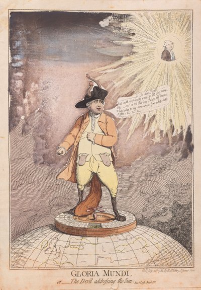 Gloria Mundi, eller The Devil addressing the Sun, pub. 1782 (håndfarget gravering) av James Gillray