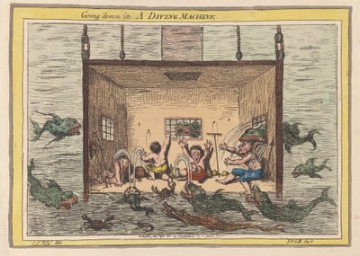Going down in a Diving Machine, pub 1801 (håndfarget gravering) av James Gillray