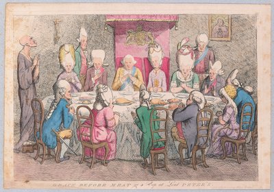 Grace before Meat or a Peep at Lord Peters, pub. 1779 (håndfarget gravering) av James Gillray