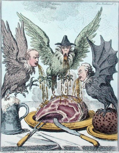 Harpyes Destroying the Feast, utgitt av Hannah Humphrey i 1799 (håndfarget etsning) av James Gillray