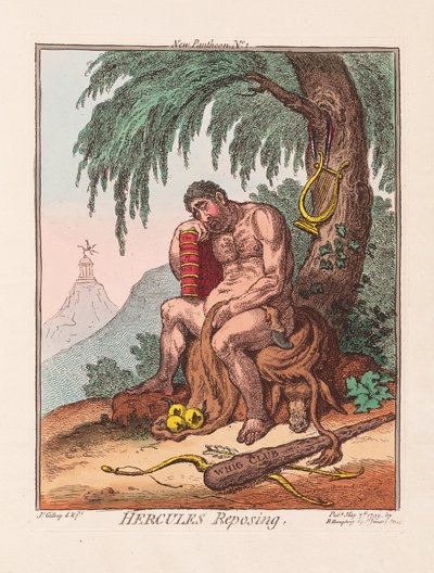 Hercules Reposing, pub. 1799 (håndfarget gravering) av James Gillray