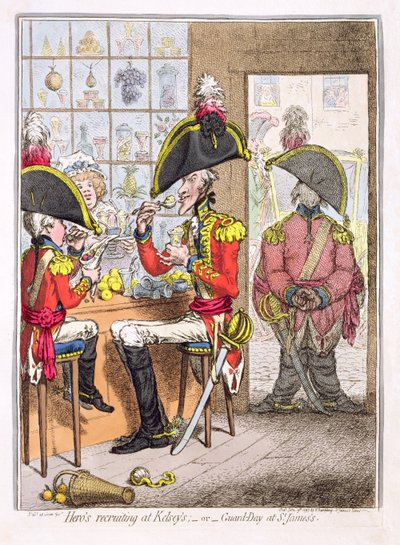 "Hero's Recruiting at Kelsey's, or Guard-Day at St. James's", pub. av Hannah Humphrey, 1797 (farget etsning) av James Gillray