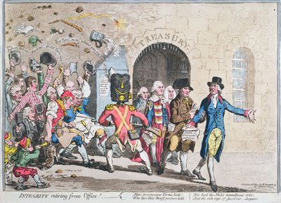 Integrity Retiring from Office, utgitt av Hannah Humphrey i 1801 (håndfarget etsning med akvatint) av James Gillray