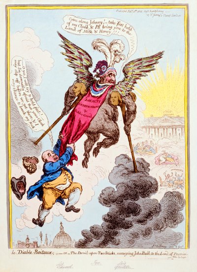 Le Diable-Boiteux, or The Devil upon Two Sticks Conveying John Bull to the Land of Promise, published by Hannah Humphrey in 1806 (hand-coloured etching) av James Gillray