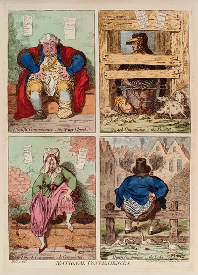 Nasjonale fasiliteter. (beskrivelse og sammenligning av toaletter i England, Skottland, Frankrike og Holland). Verk av James Gillray (1757-1815), gravering og akvarell av James Gillray