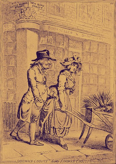 Lord Sandwich tar hensyn til en blomsterselger av James Gillray