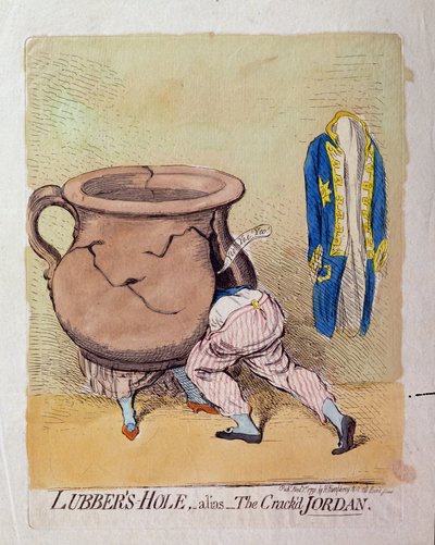 Lubber#39;s-Hole, alias The Crack#39;d Jordan, utgitt av Hannah Humphrey i 1791 (håndkolorert etsning) av James Gillray