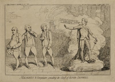 Malagrida and Conspirators, Consulting the Ghost of Oliver Cromwell, publisert 10. juni 1782 (radering på lagt papir innlagt på vevd papir) av James Gillray