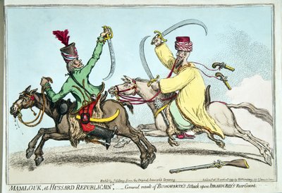 Mamlouk et Hussard Republicain, eller generelt resultat av Bonapartes angrep på Ibrahim Beys bakvakt, utgitt av Hannah Humphrey i 1799 (håndfarget etsning) av James Gillray