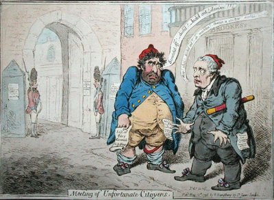 Meeting of Unfortunate Citoyens, utgitt av Hannah Humphrey i 1798 (håndfarget etsning) av James Gillray