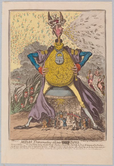 Midas, Transmuting all into [Gold] Paper, pub. 1797 (håndfarget gravering) av James Gillray