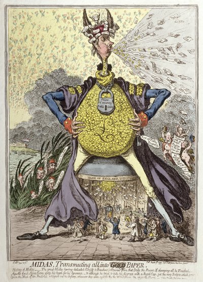 Midas Transmuting all into Gold Paper, utgitt av Hannah Humphrey i 1797 (håndfarget etsning) av James Gillray