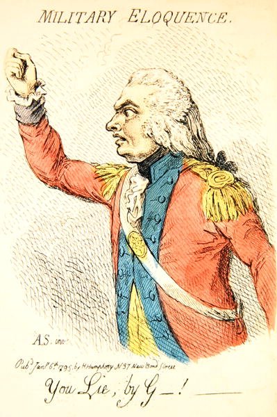 Military Eloquence, en av åtte vignetter som viser forskjellige typer veltalenhet, utgitt av Hannah Humphrey i 1795 (håndfarget gravering) (detalj fra 191281) av James Gillray