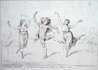 Modern Grace, eller Operatical Finale to the Ballet of Alonzo e caro, utgitt av Hannah Humphrey i 1796 (penn og blekk på papir) av James Gillray