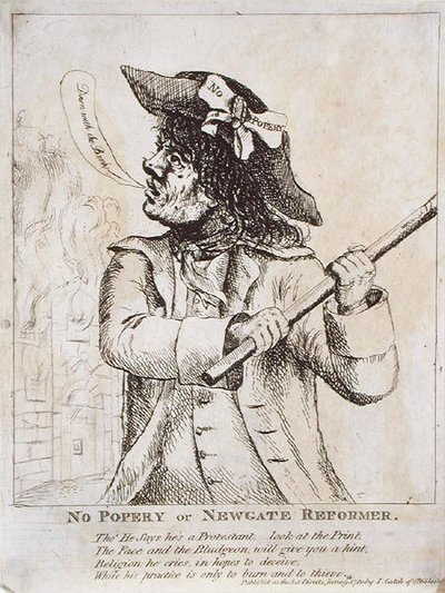 No Popery, or Newgate Reformer: muligens Ned Dennis har på seg en "No Popery"-tjeneste i hatten med Newgate Prison i flammer bak av James Gillray