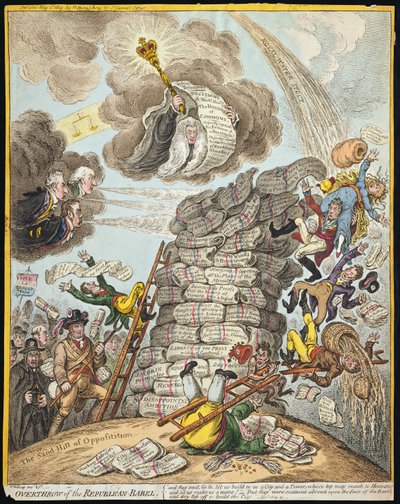 Styrtet av det republikanske Babel, utgitt av Hannah Humphrey i 1809 (håndfarget etsning) av James Gillray